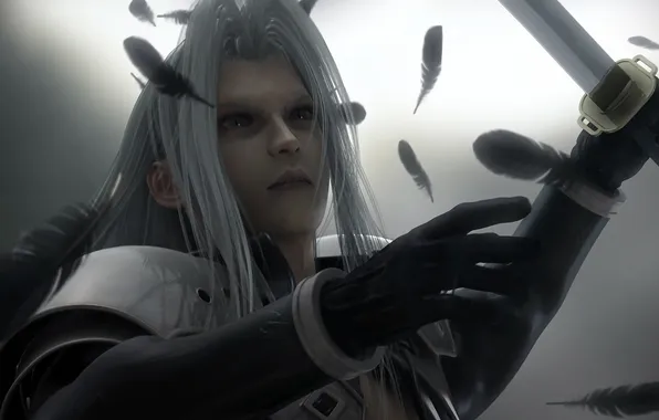Картинка меч, перья, серые волосы, Sephiroth, Final Fantasy VII