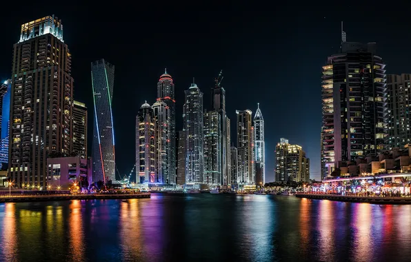 Картинка здания, дома, залив, Дубай, ночной город, Dubai, гавань, ОАЭ
