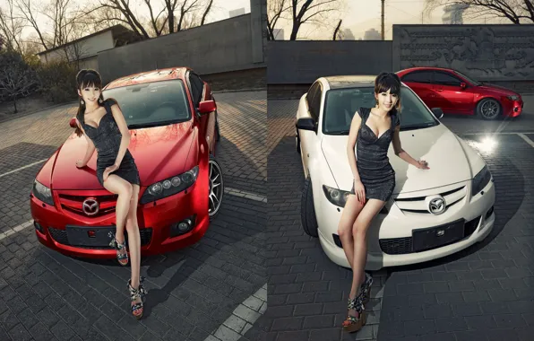 Взгляд, улыбка, Mazda, азиатка, Эротика, автомобили, красивая девушка, красивое платье