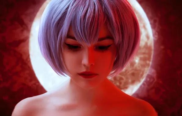 Картинка девушка, лицо, луна, образ, плечи, голубые волосы, косплей, Evangelion