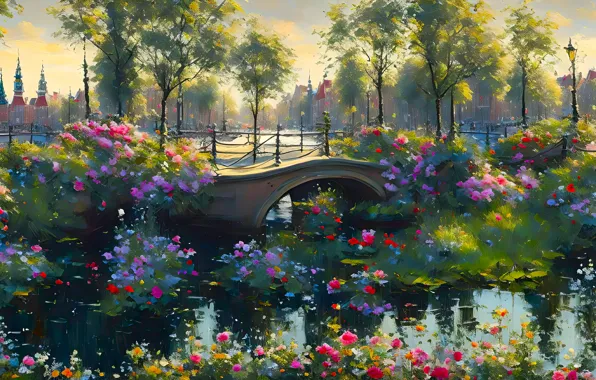 Лето, деревья, пейзаж, цветы, мост, природа, уют, пруд