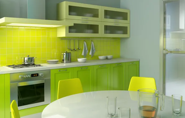 Картинка желтый, яркий, дизайн, зеленый, стиль, стол, комната, стулья