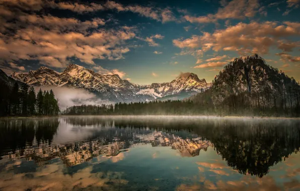 Картинка лес, горы, озеро, отражение, Австрия, Альпы, Austria, Alps