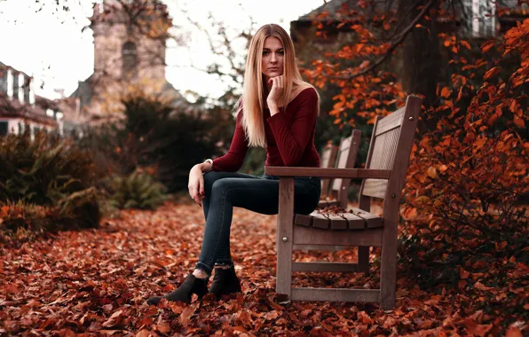 Картинка girl, Loneliness, long hair, photo, park, autumn, leaves, mood