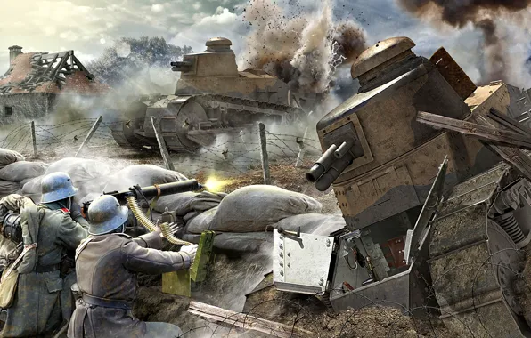 Картинка солдаты, пулемет, колючая проволока, лёгкий танк, Первая Мировая война, Renault FT, MG 08/15