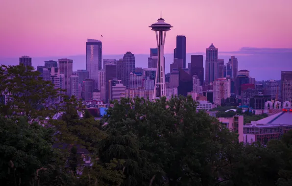 City, USA, skyline, Washington, dusk, purple, skyscrapers, Seattle