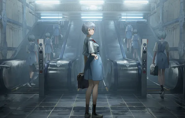 Метро, девушки, Neon Genesis Evangelion, эскалатор, Rei Ayanami, двойники