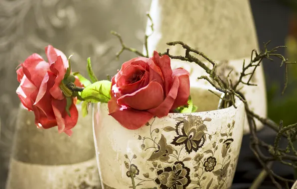 Картинка узор, розы, ветка, красные, ткань, ваза, искусственные цветы