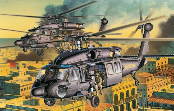 Картинка город, рисунок, вертолеты, арт, улицы, helicopter, ударные, американские