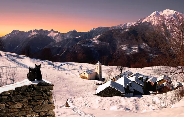 Картинка зима, снег, кошки, горы, дома, Италия, церковь, Ломбардия