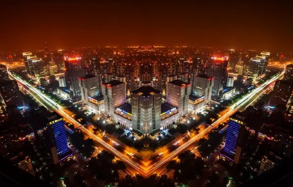 China, панорама, Китай, ночной город, Beijing, Пекин