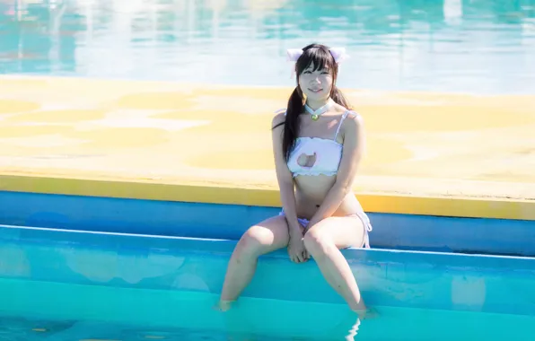 Girl, sexy, pool, cleavage, long hair, boobs, beautiful, pretty