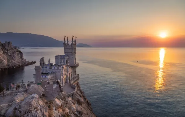 Картинка море, скала, восход, замок, рассвет, утро, Россия, Крым