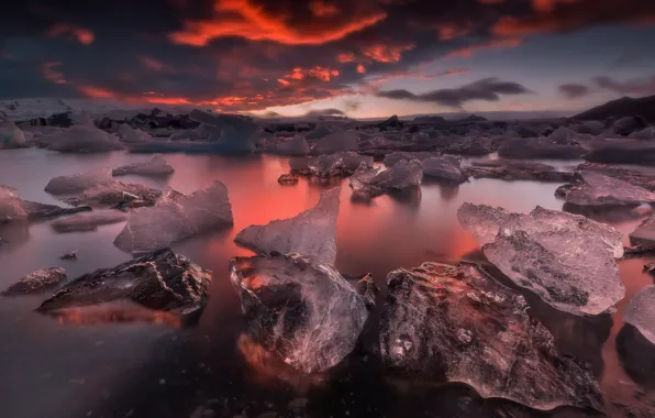 Картинка небо, облака, закат, природа, лёд, вечер, Исландия