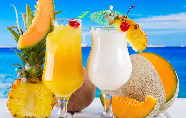 Картинка море, вишня, кокос, коктейль, фрукты, ананас, fresh, drink