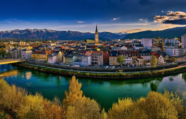 Картинка деревья, горы, мост, река, здания, дома, Австрия, Альпы