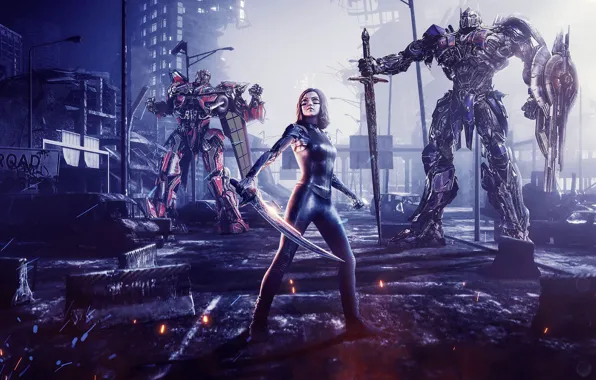 Ночь, город, фантастика, Трансформеры, Transformers, Alita: Battle Angel, Alita