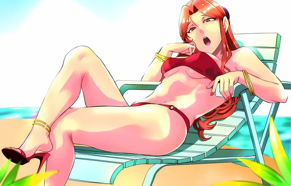 Girl, sexy, cleavage, beach, red hair, long hair, legs, sea