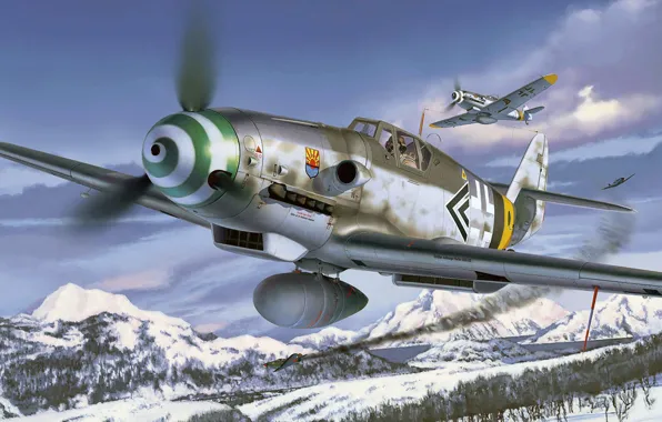 Картинка рисунок, арт, Messerschmitt, Ме-109, люфтваффе, одномоторный поршневой истребитель-низкоплан, самая массовая модель BF-109, ВВС ГЕРМАНИИ