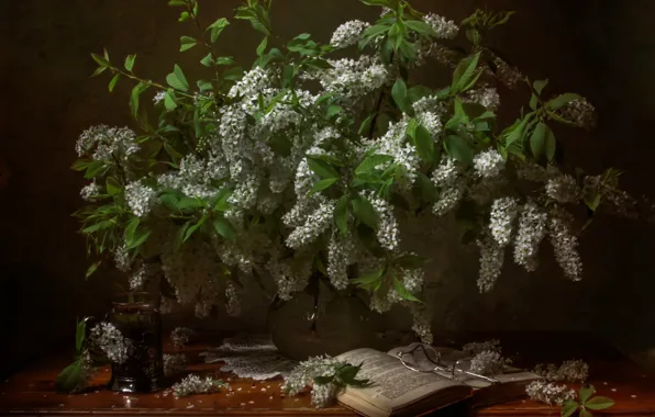 Букет, очки, книга, черемуха