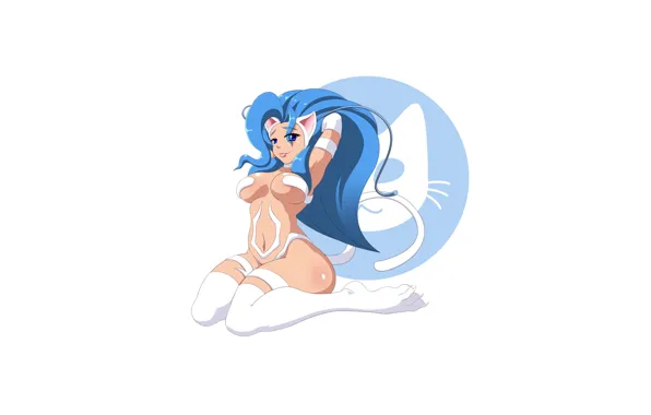 Кошка, эротика, белый фон, неко, сидит, файтинг, capcom, darkstalkers