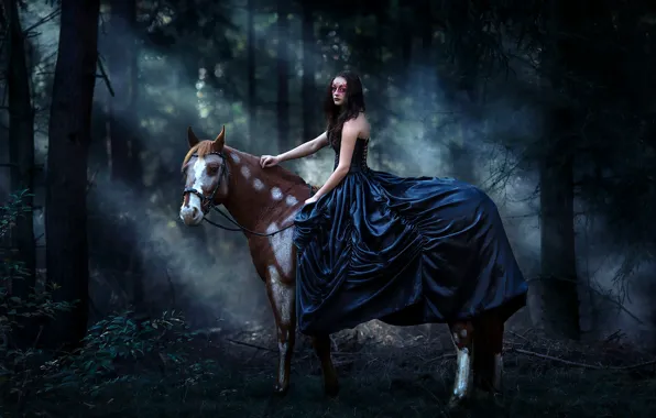 Лес, девушка, конь, лошадь, платье, маска