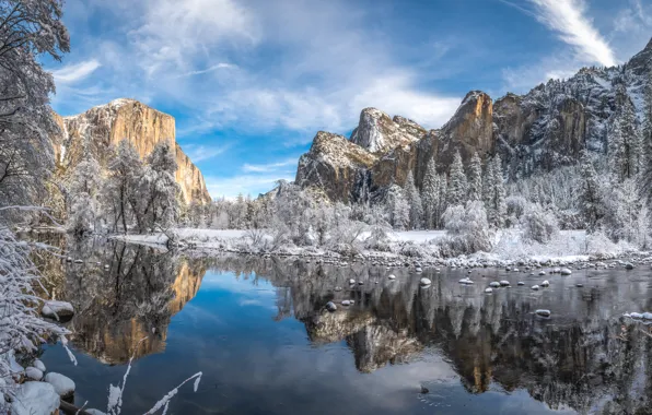 Зима, снег, деревья, горы, отражение, река, Калифорния, California