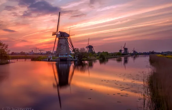 Вода, река, вечер, канал, Нидерланды, Голландия, ветряные мельницы