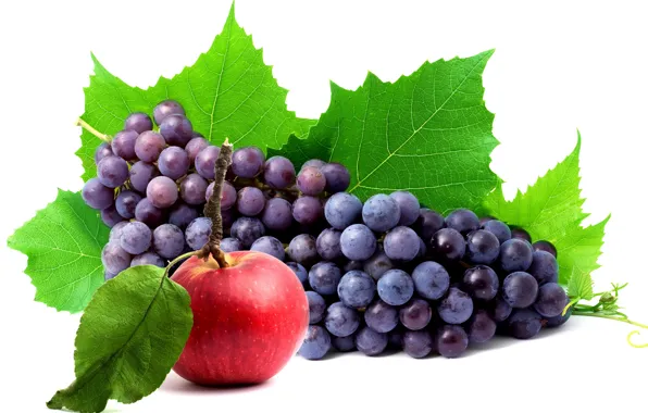 Картинка grapes, apple, листья, яблоко, белый фон, виноград, гроздь, ягода
