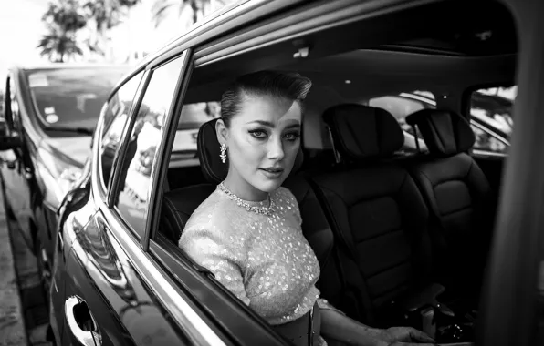 Авто, взгляд, девушка, черно-белое, Amber Heard