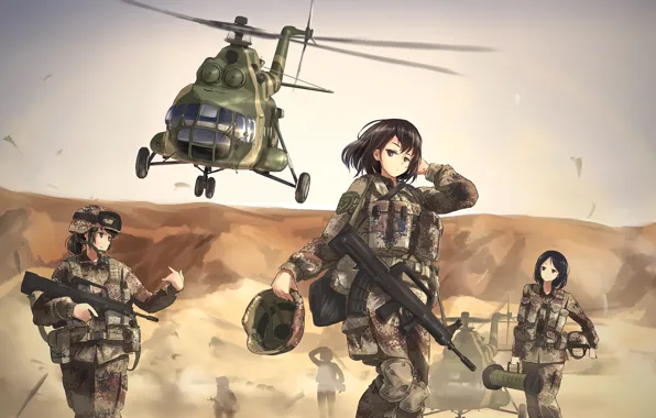 Оружие, девушки, пустыня, аниме, арт, вертолет, военные, tc1995
