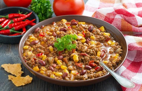 Картинка кукуруза, мясо, перец, помидор, петрушка, блюдо, фасоль, мексиканский