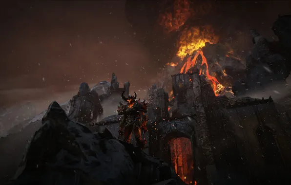 Картинка горы, пламя, вулкан, демон, крепость, unreal engine 4