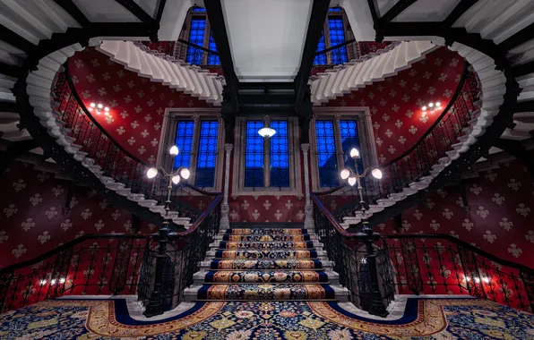 Lights, wallpaper, London, England, architecture, stairs, carpet, St Pancras Renaissance Hotel