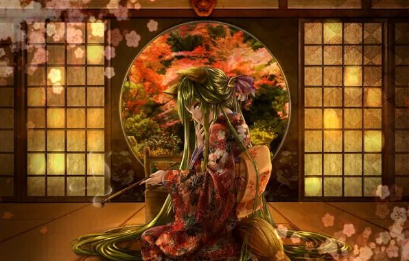 Картинка цветок, девушка, дым, трубка, маска, сидит, длинные волосы, японская одежда