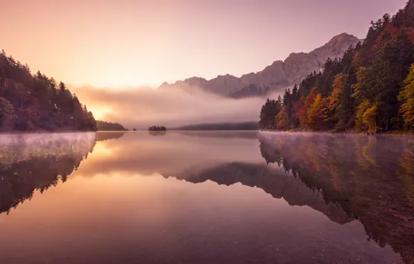 Картинка осень, туман, озеро, утро, Германия, Альпы