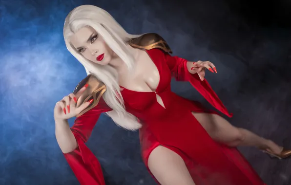Картинка cleavage, model, women, cosplay, white hair, thighs, red lipstick, Ilona Bugaeva