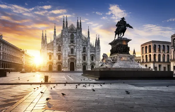 Солнце, вечер, Италия, памятник, Милан, Duomo di Milano, Собор Рождества Девы Марии