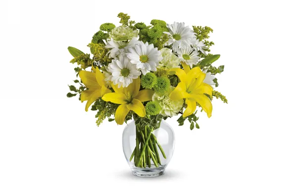 Картинка лилии, букет, ваза, хризантемы