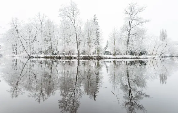 Картинка зима, иней, деревья, озеро, парк, отражение