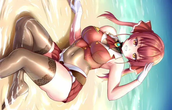 Girl, sexy, cleavage, beach, blouse, thighhighs, red hair, long hair