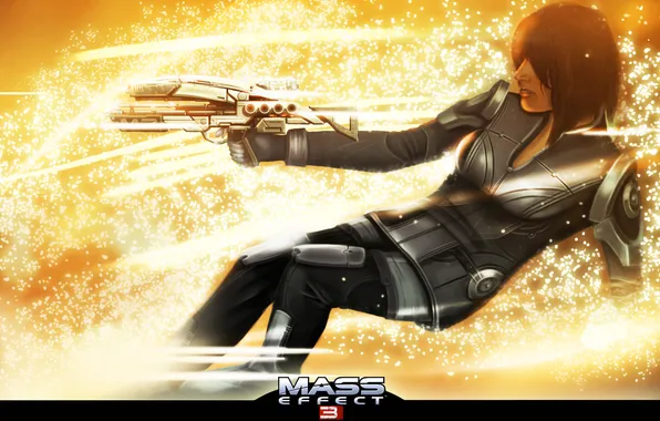 Девушка, оружие, искры, Ashley, Mass Effect, высрел