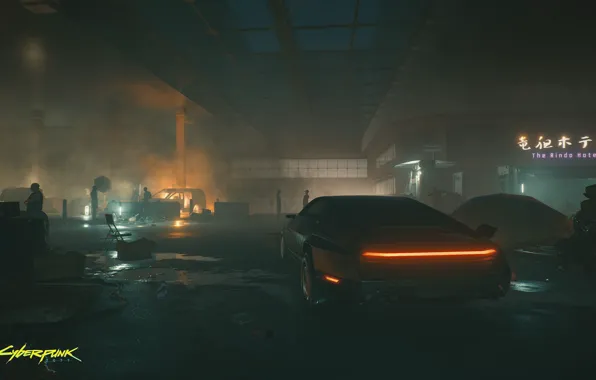 Картинка машина, дым, человек, гараж, киберпанк, Cyberpunk 2077