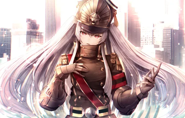 Картинка девушка, оружие, форма, красные глаза, длинные волосы, anime, art, chiwa