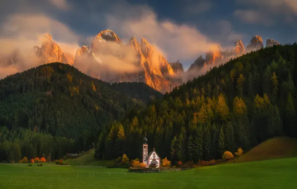 Лес, природа, луг, Италия, церковь, Доломитовые Альпы, South Tyrol, Dolomites