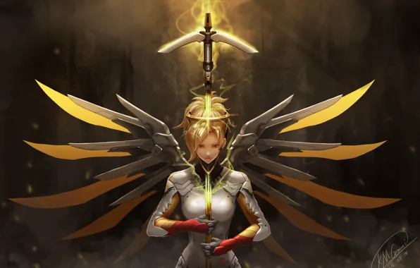 Картинка девушка, оружие, крылья, overwatch, mercy, kmgmai