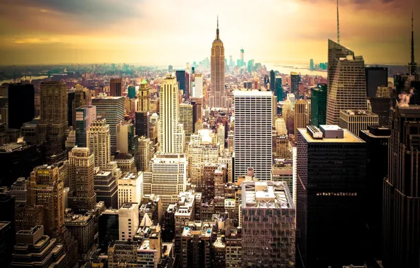 Картинка закат, город, небоскребы, USA, америка, сша, New York City, нью йорк