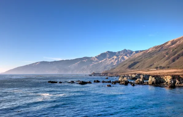 Картинка небо, вода, горы, синий, океан, Калифорния, прибрежье
