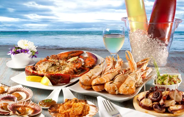 Лед, море, вино, краб, ракушки, sea, икра, wine