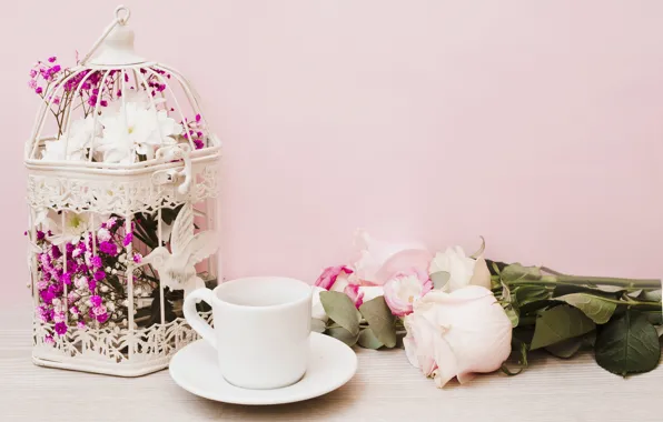 Картинка цветы, розы, букет, pink, flowers, coffee cup, roses, чашка с блюдцем